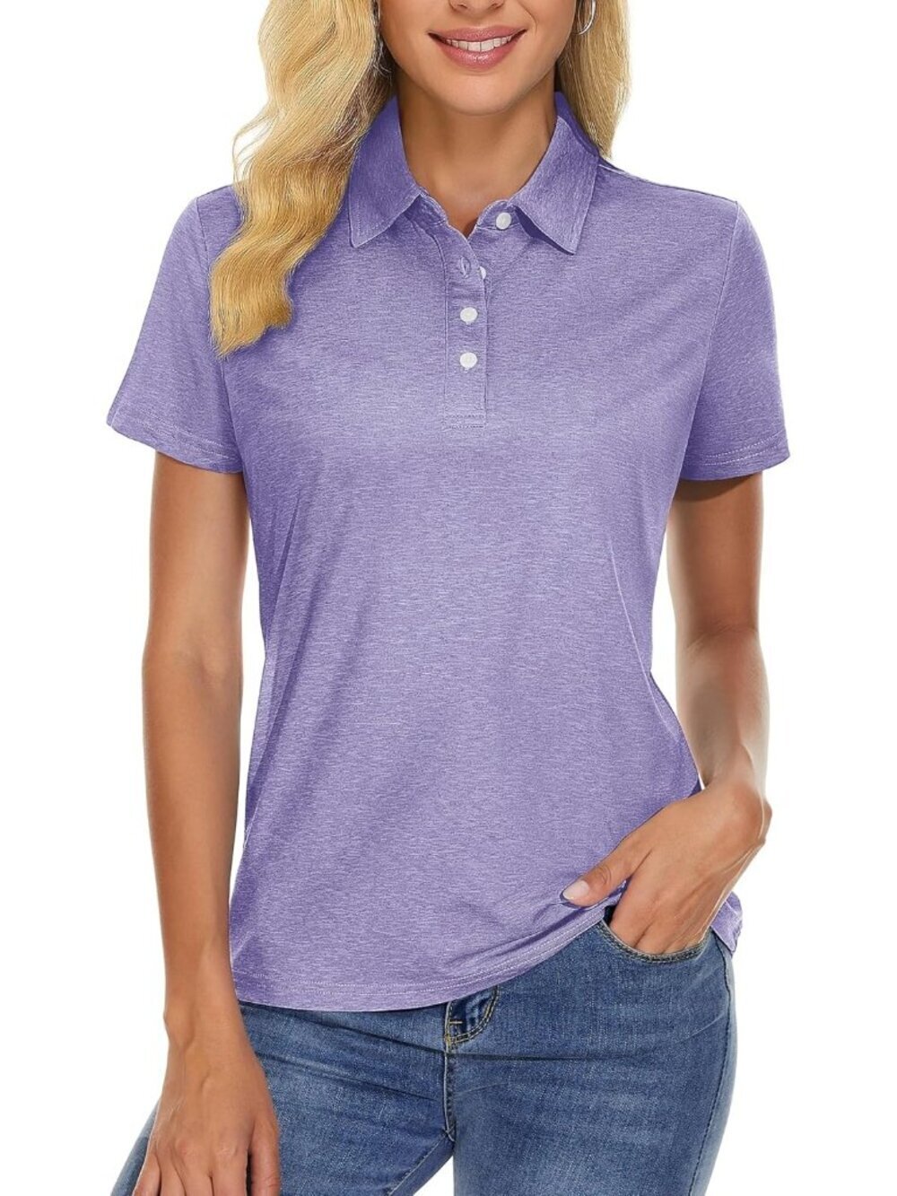Women Light Purple Short Sleeve Golf Shirt 4-Button Quick Dry Collar Top for Gym